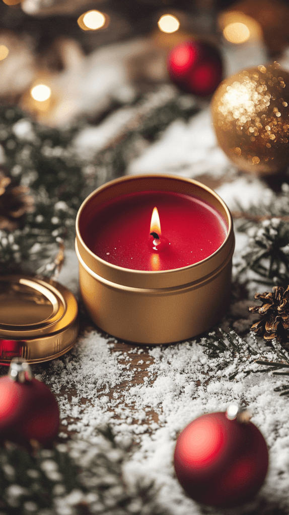 red candle in a gold tin; DIY Christmas candle