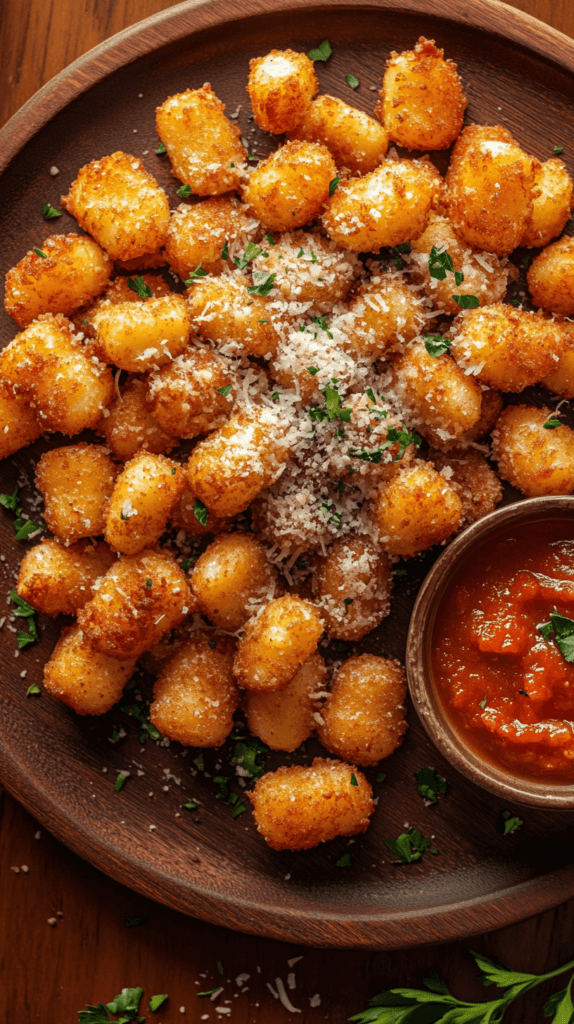 large plate of air fryer gnocchi with a side of red sauce