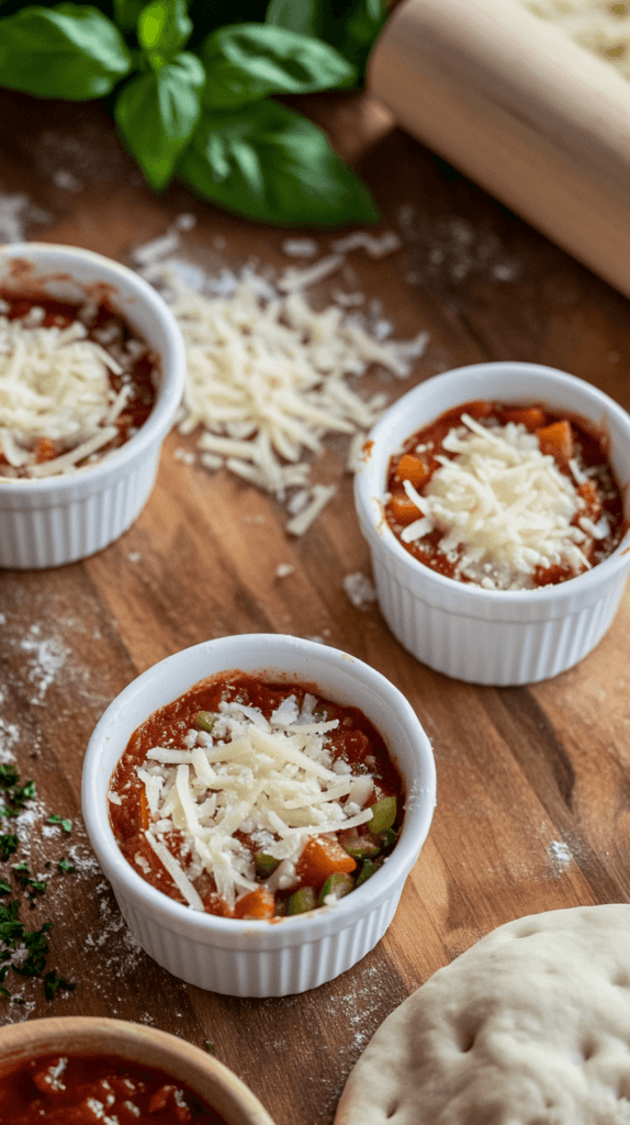 sauce and cheese inside of white ramekins on a kitchen counter