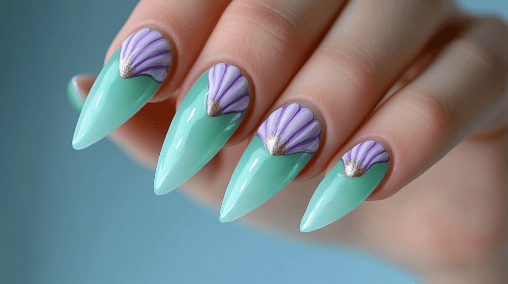 aqua nails with purple shells