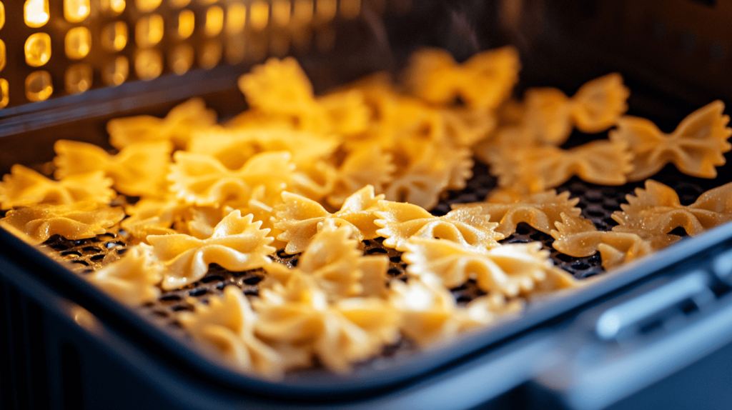 single layer of bowtie pasta in the air fryer basket