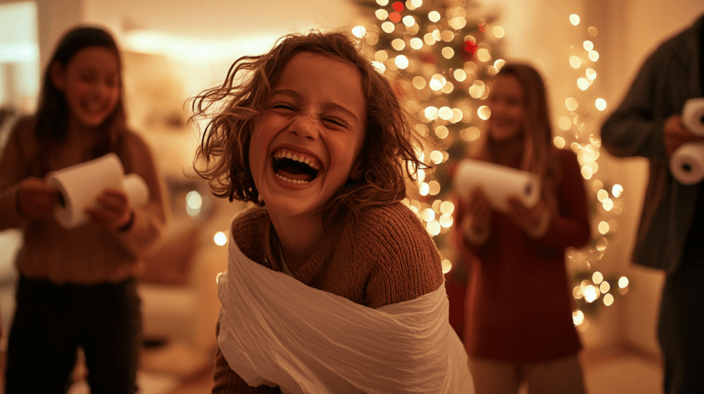 girl being wrapped in toilet paper, family party game ideas