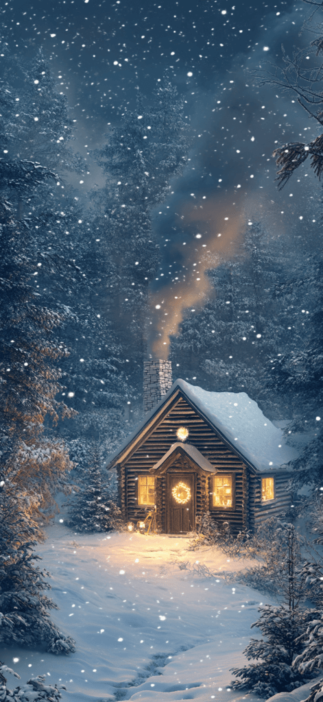 cabin in the snow covered woods