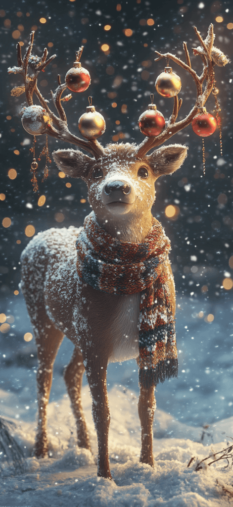 snowy reindeer with ornaments from antlers