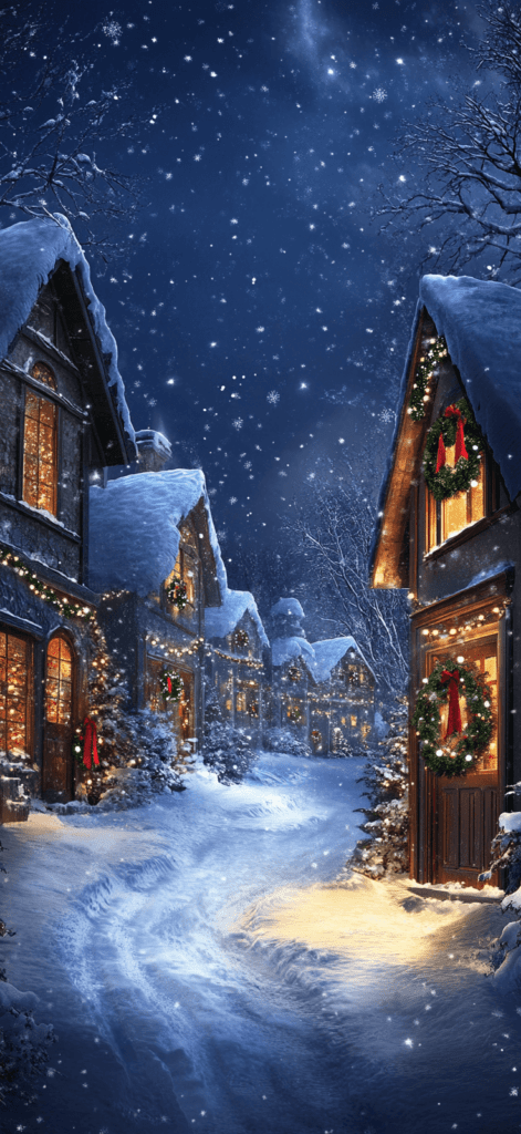 snowy village at night