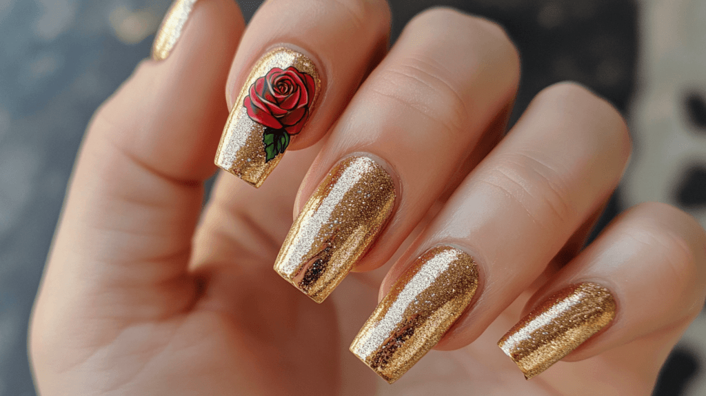 gold manicure with a single rose on one nail