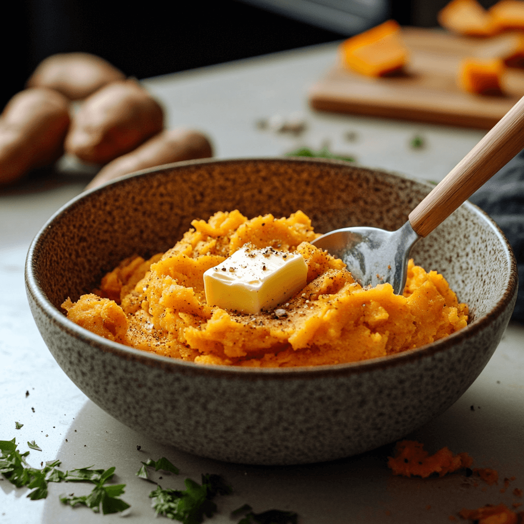 mashed sweet potatoes in a bowl with butter