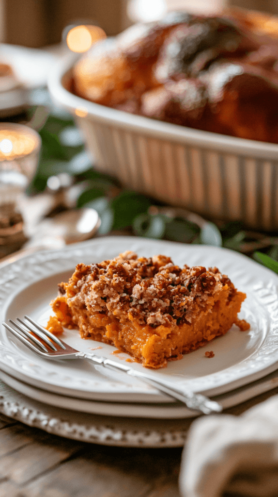 slice of sweet potato casserole on a holiday table