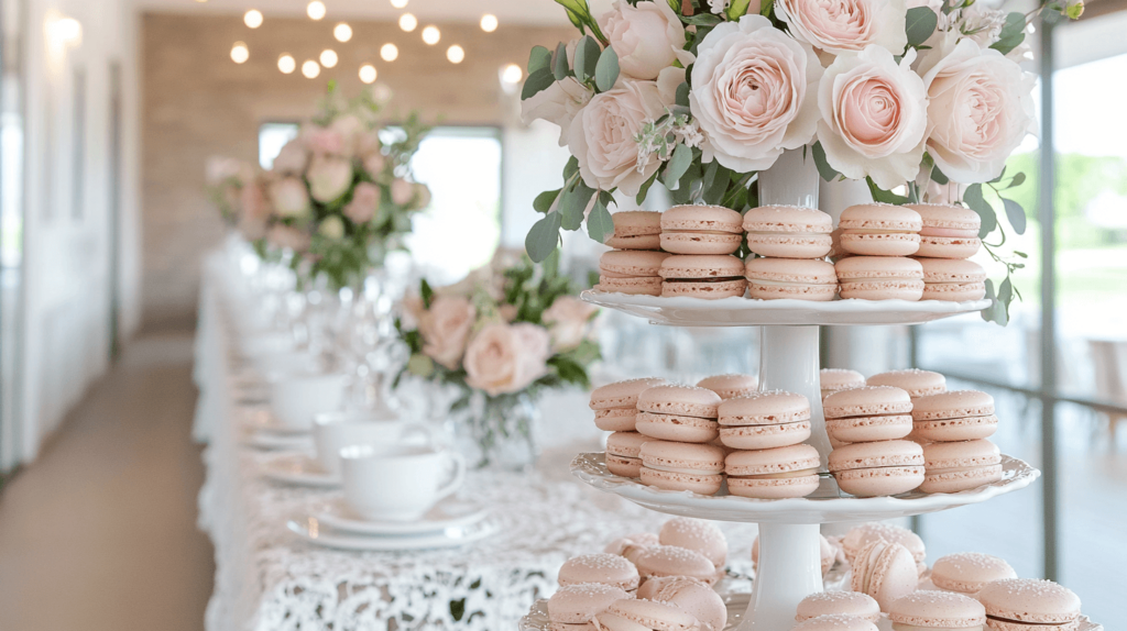 long table spread of macaroons