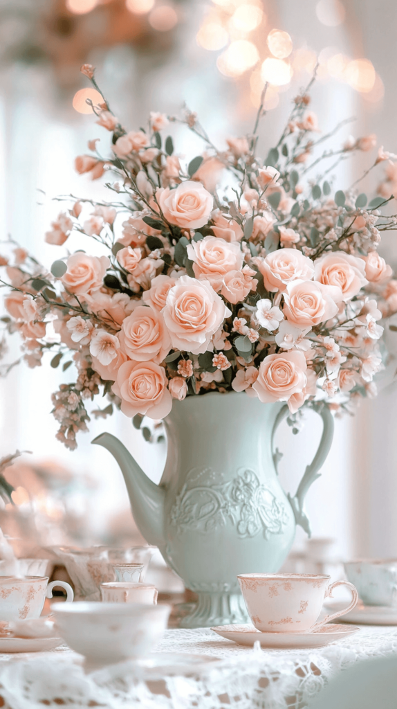 pale blue-green tea pot with peach flowers coming out the center 