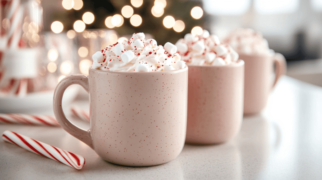 set of 3 peppermint mocha mugs with peppermint stick on the side