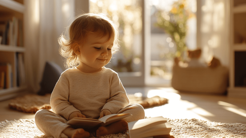 toddler with a book on the floor