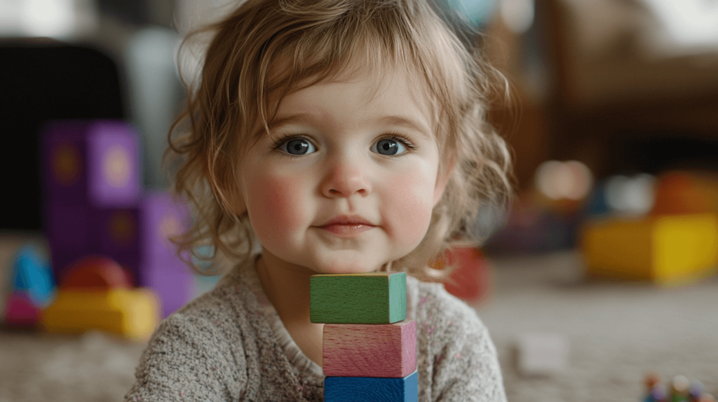 young child with a stack of small blocks under their chin