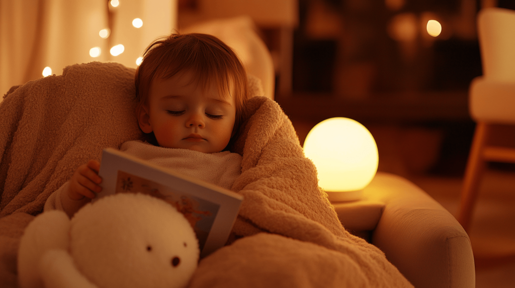 child in dim light, falling asleep with a book, blanket and stuffy