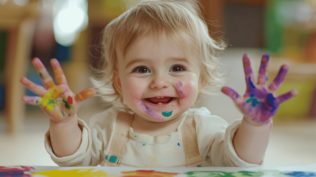 toddler with paint on hands; calm-down activities for toddlers