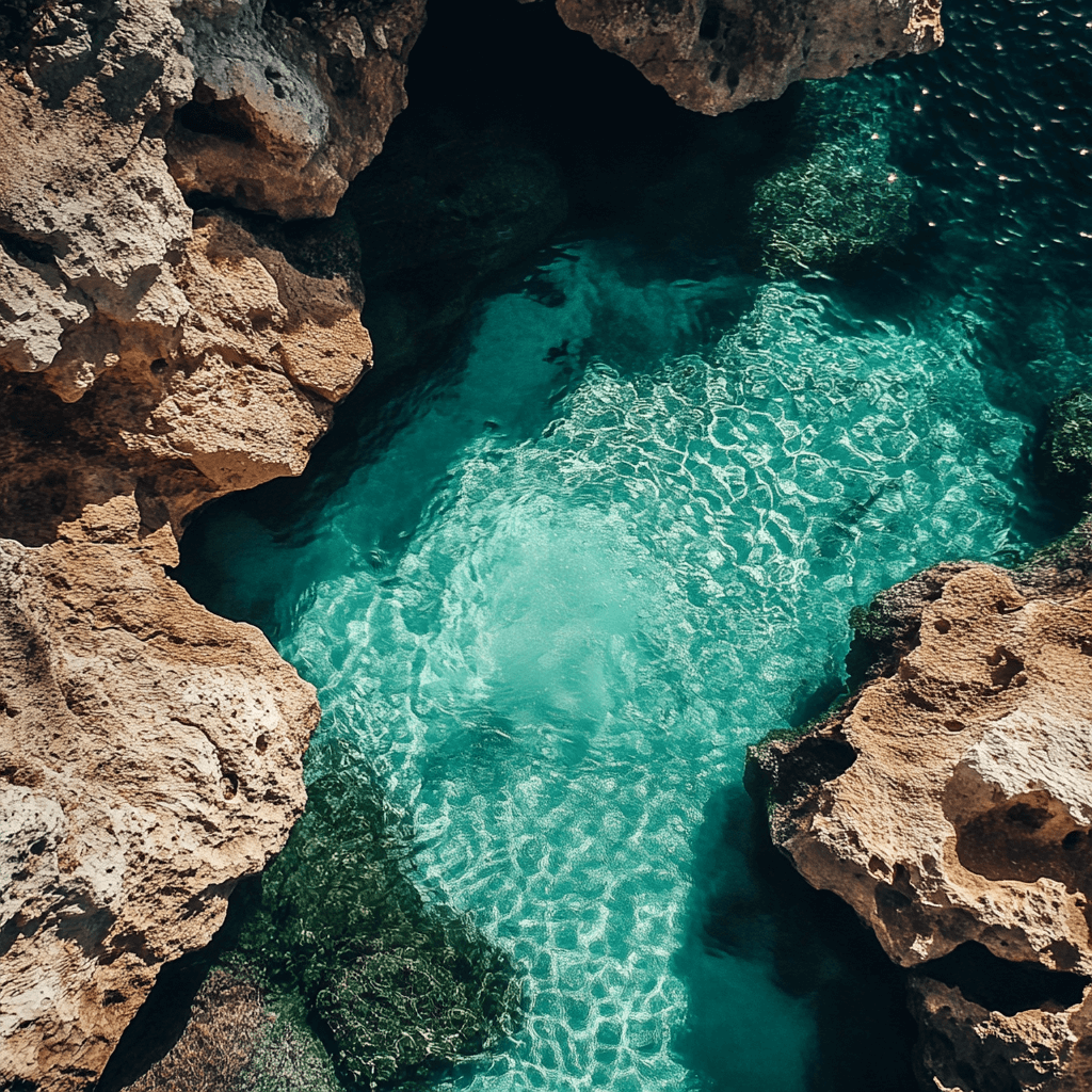 overlooking an open cave of water 