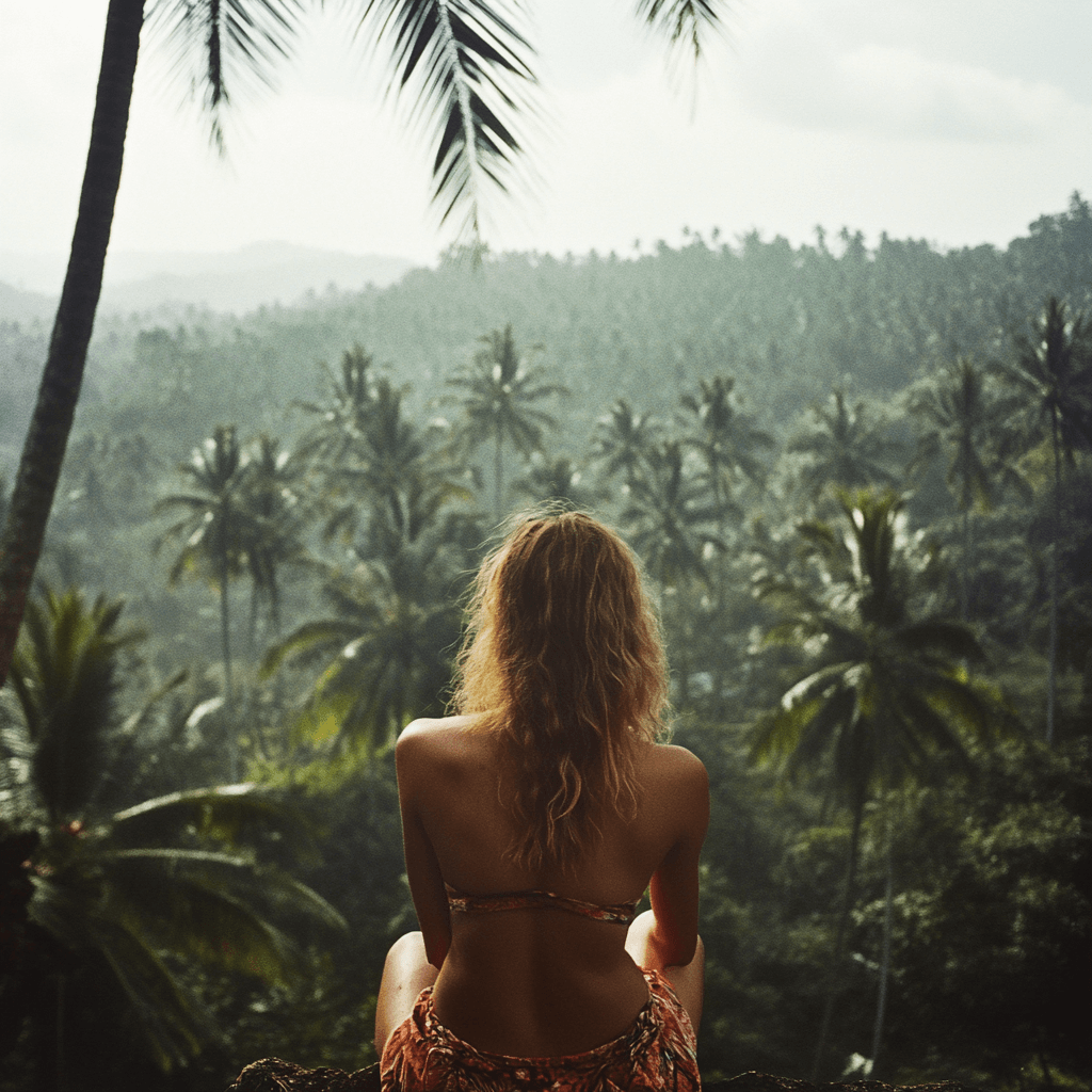 woman looking out at forest