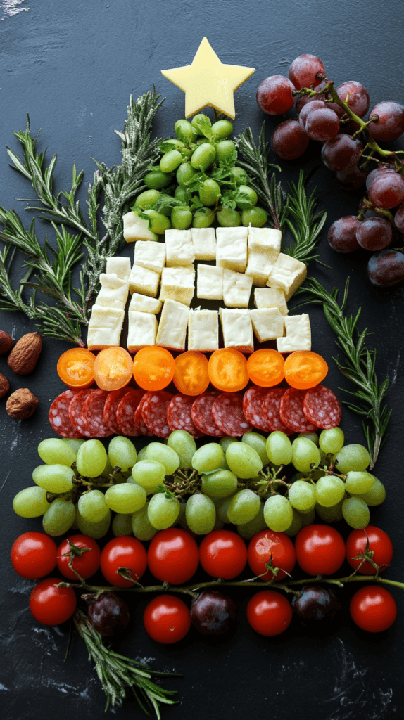 food arranged as a Christmas tree with a star on top