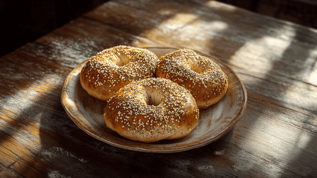 seeded trio of sourdough bagels on a plate