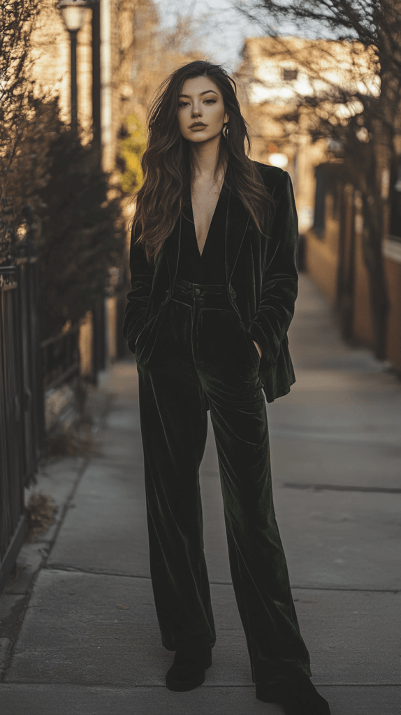 woman in a velvet jumpsuit standing outside