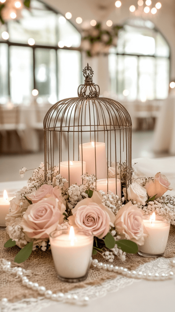 vintage bird cage with candles inside and flowers around the outside; tea party centerpieces