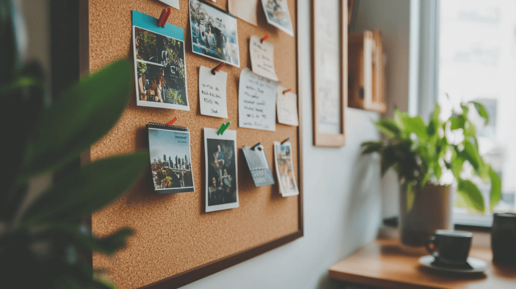 side view of a cork board with pictures and papers tacked on