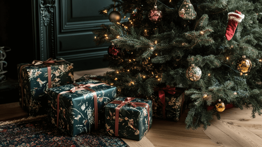 green wrapped presents under the Christmas tree, Realistic photo of a festive room setup with a decorated tree, a pile of wrapped presents, and a group of friends enjoying a game together.