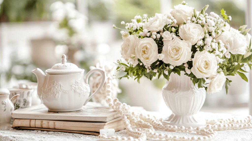 white bridal showers tea party centerpieces