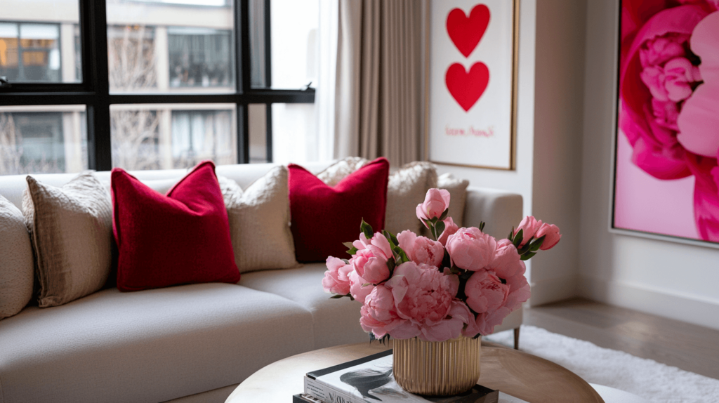 Valentine decor near a window in the living room