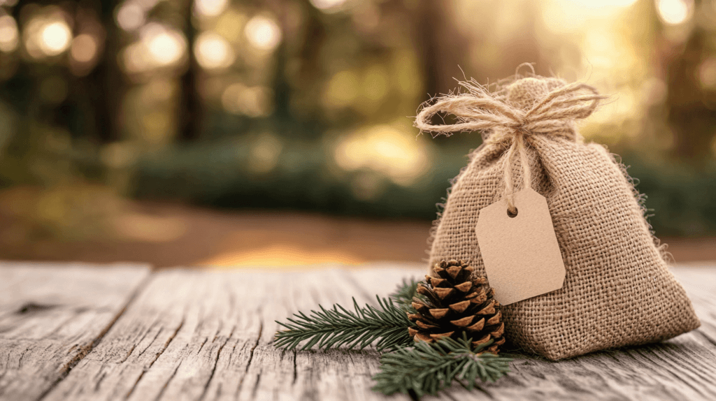 burlap bag with pine needles and pinecone