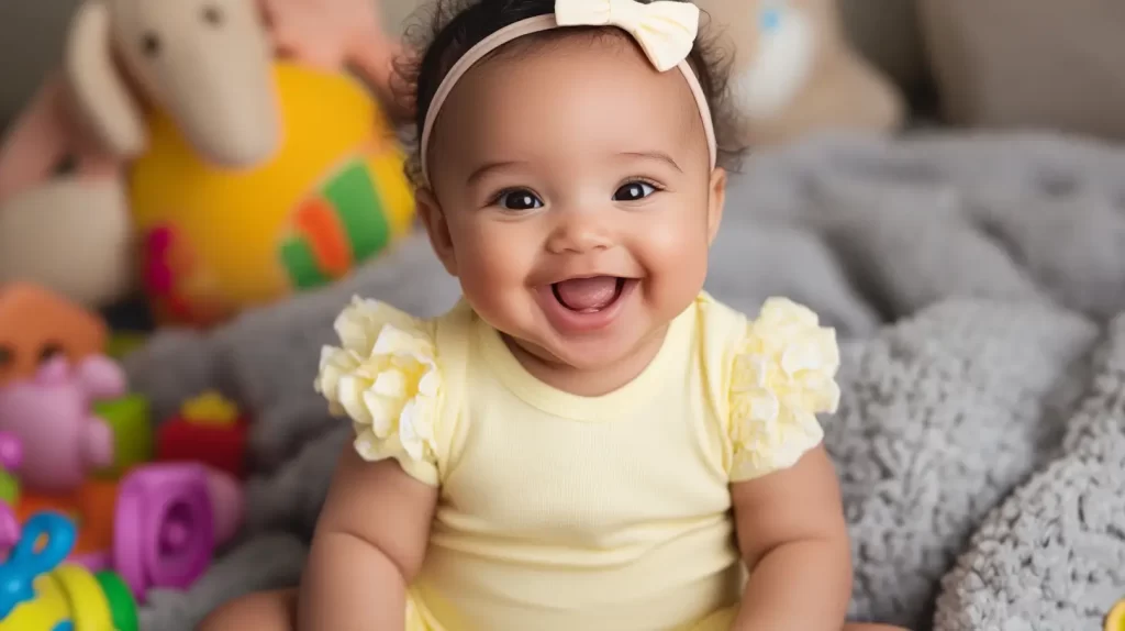 African-American baby girl wearing yellow and smiling while sitting