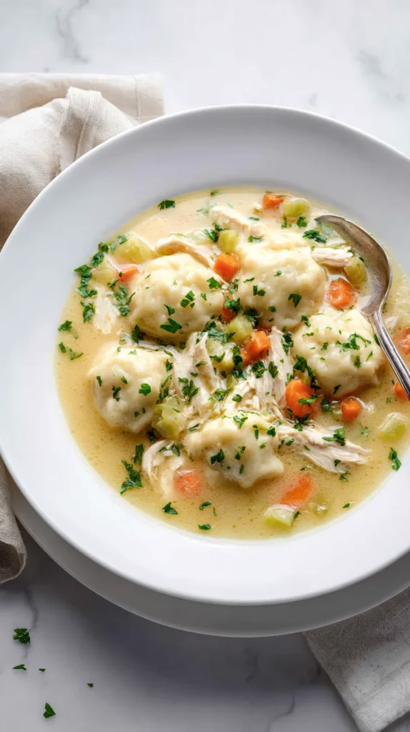 Creamy chicken and dumplings served on a white ceramic plate, topped with chopped parsley. Tender shredded chicken and fluffy dumplings sit in a golden broth with visible carrots and celery. The plate rests on a white marble kitchen counter with soft natural light and a clean, bright background.