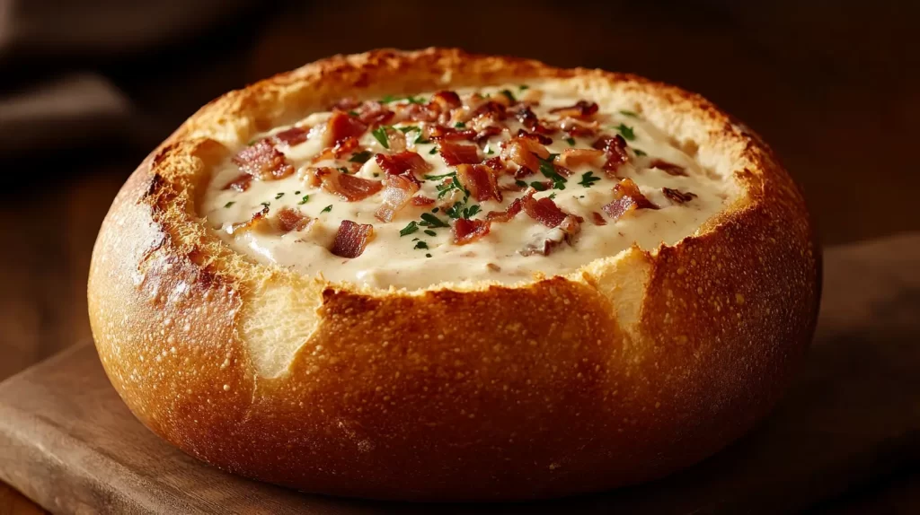 clam chowder in a bread bowl