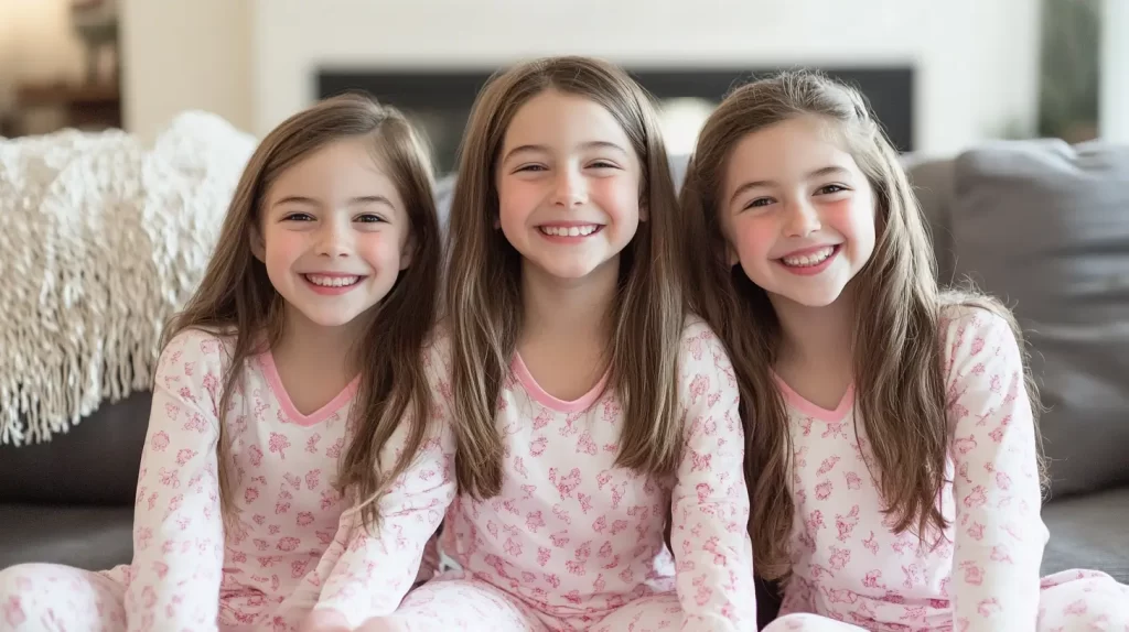 three girls in matching pjs sleepover party