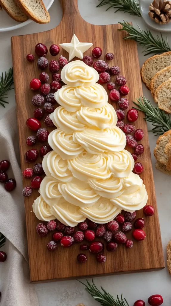 tree shaped butter on a wooden board with cranberries surrounding the tree