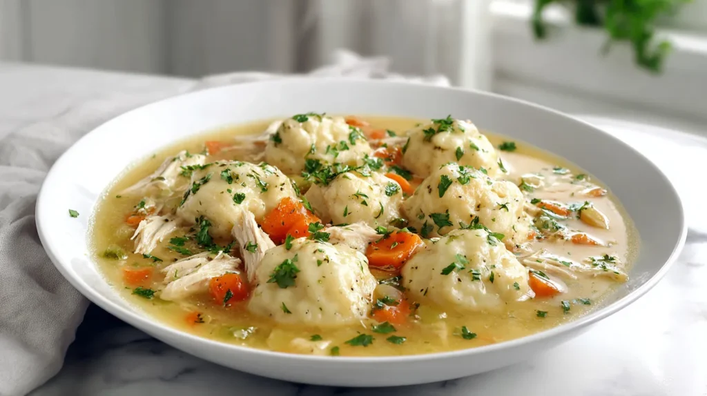 Creamy chicken and dumplings served on a white ceramic plate, topped with chopped parsley. Tender shredded chicken and fluffy dumplings sit in a golden broth with visible carrots and celery. The plate rests on a white marble kitchen counter with soft natural light and a clean, bright background.