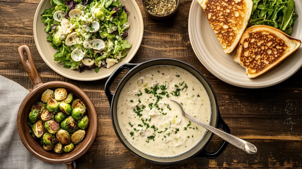 chowder in a pot on the kitchen counter with other food surrounding it