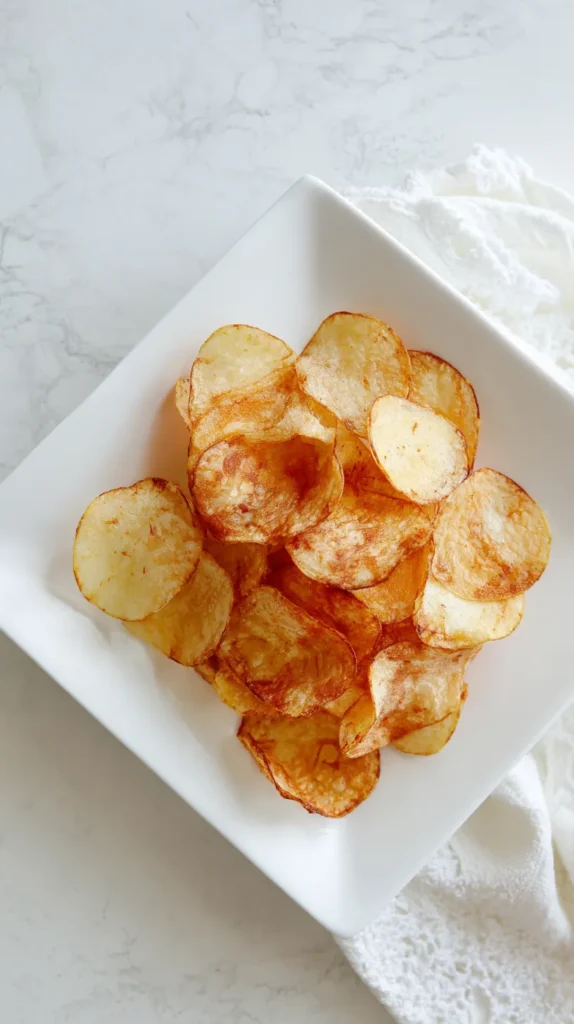 dehydrated potato chips on a white plate in the kitchen, with recipe