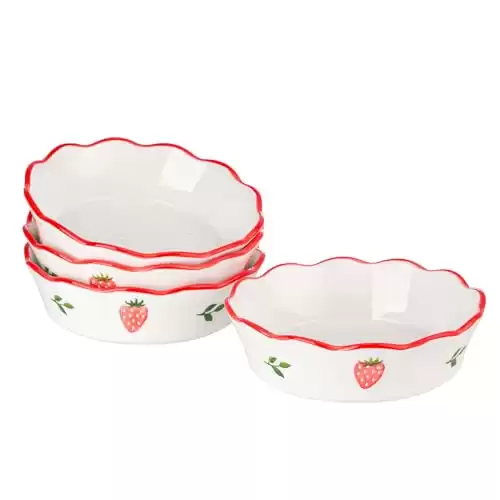 CHILDIKE Strawberry ceramic mini pie pan, 6.5-inch, 12oz pie plate, suitable for baking chicken pot pie, milk Egg cakes, fruit pie, Set of 4