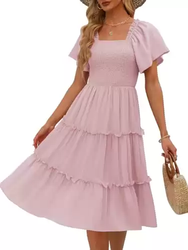 LILLUSORY Spring Summer 2025 Midi Graduation Bridal Baby Shower Dresses Women Casual Flowy Bridal Sun Sundress Trendy Brunch Cute Ladies Vacation Smocked Teacher Clothes Outfits Pink