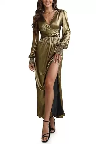 Women's Fall Split Hem Metallic V Neck Cocktail Dress Luxury Elegant Wrap Waist Long Dress Gold M