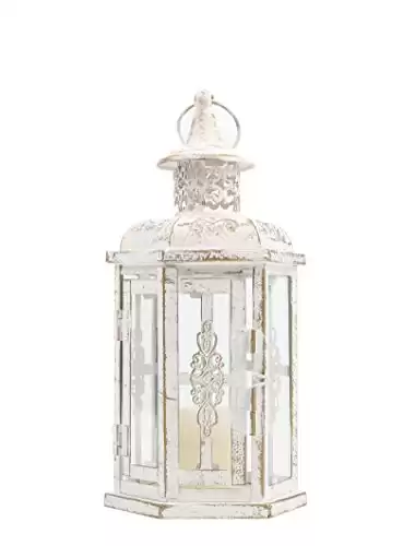 JHY DESIGN Decorative Candle lantern-10inch High Vintage Style Hanging Lantern Metal Candleholder for Indoor Outdoor Events Parities and Weddings (White with Gold Brush)