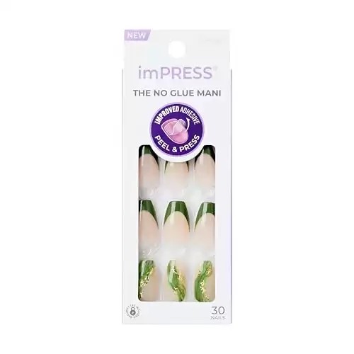 KISS imPRESS No Glue Mani Press-On Nails, Design, 'Ballerina', Neutral/green, Medium Size, Coffin Shape, Includes 30 Nails, Prep Pad, Instructions Sheet, 1 Manicure Stick, 1 Mini File