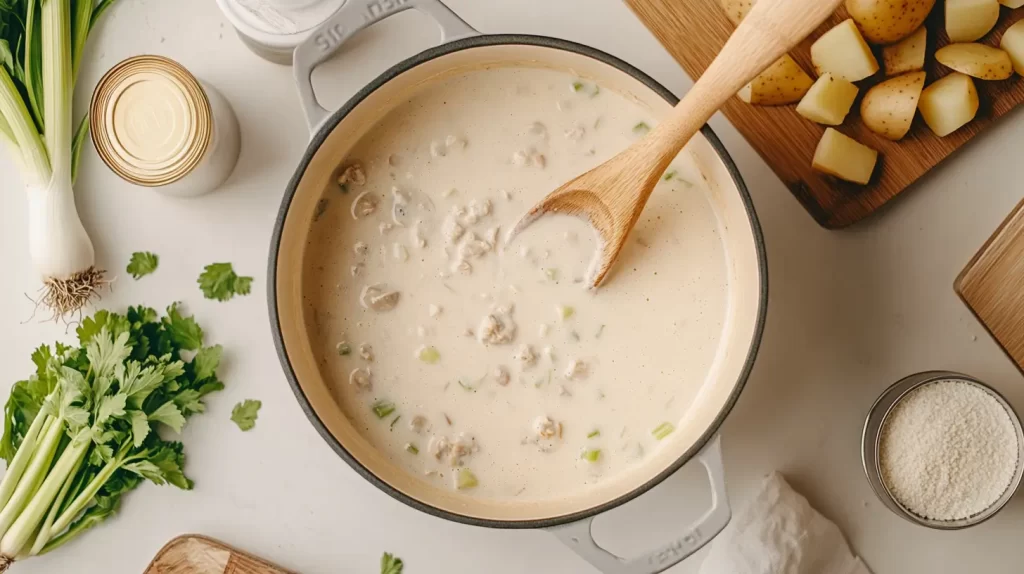 clam chowder on the kitchen counter 