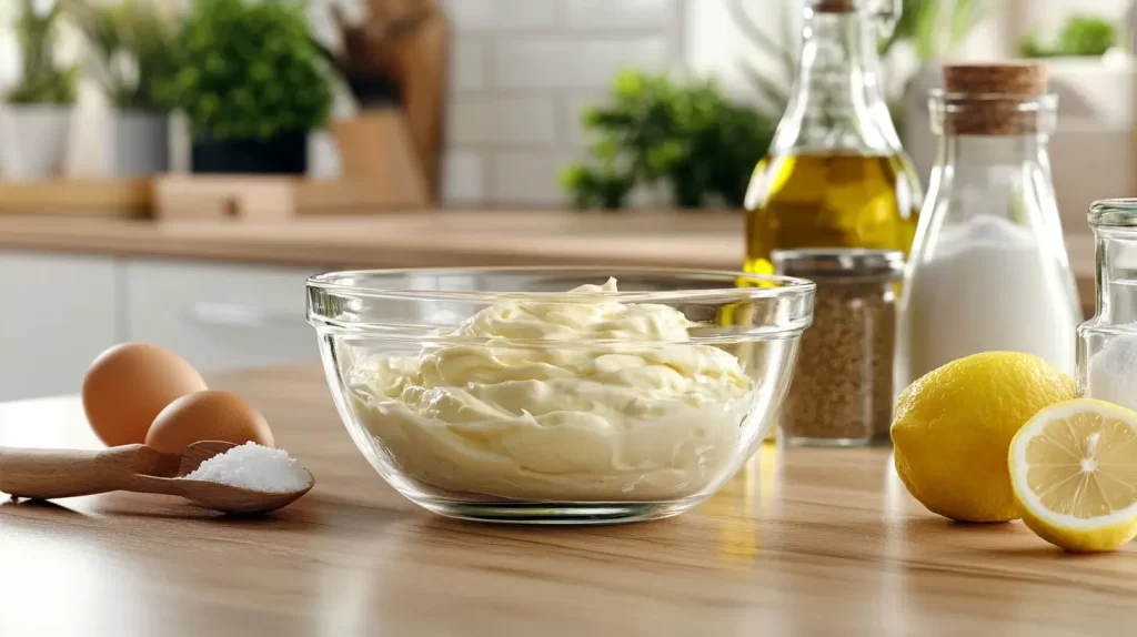 large mixing bowl of mayo, with oil and salt and lemons on the side