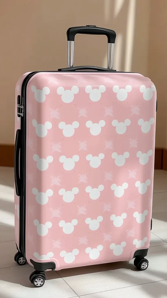 pastel-pink suitcase with white Mickey heads all over