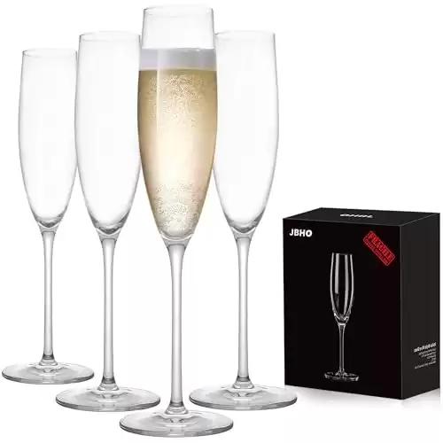 JBHO Champagne Glasses-Elegant Flutes-Gift-Box-Hand Blown Champagne Flutes Glass-100% Lead-Free Premium Crystal - Gift Idea for Wedding, Anniversary, Christmas,New Year-Set of 4-8oz, Clear