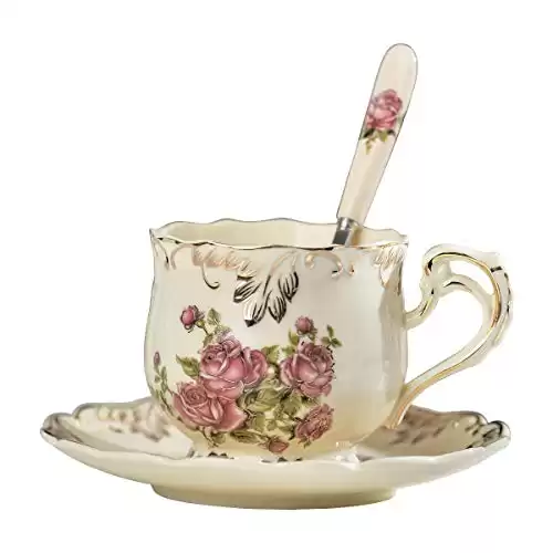 YOLIFE Tea Cup and Saucer Set, 8 oz Tea Cup Set, Teacup, Ceramic Tea Cup with Suacer Spoon, Ivory Vintage Rose Floral with Gold Leaves Trim, Gifts for Women