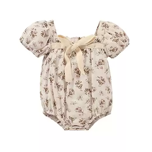 Kupretty Newborn Baby Girl Cotton Summer Clothes Vintage Floral Romper Square Neck Short Sleeve Bodysuit Jumpsuit (Beige, 6-12 Months)