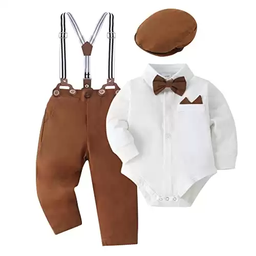 YALLET Baby Boy Clothes Set Infant Tuxedo Long Sleeve Gentleman Suit Outfits + Beret Hat + Suspender Pants + Bowtie 0-18M